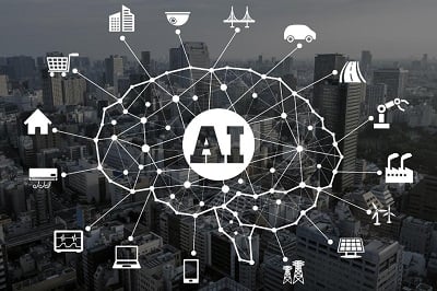 city skyline in the background with a illustrated AI brain connecting to different industry icons