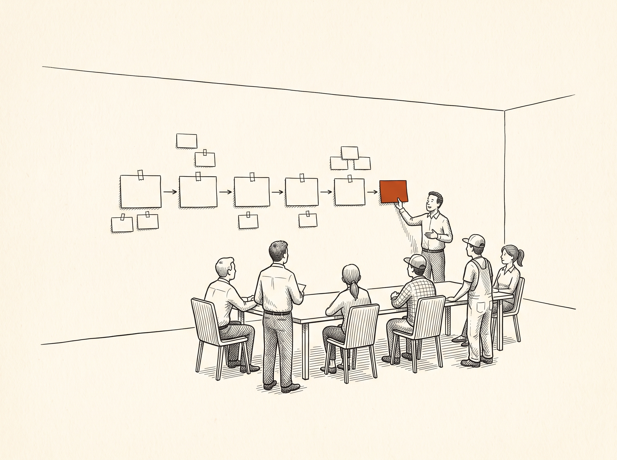 The steps of a process taped to a wall, with the people who run them around the table
