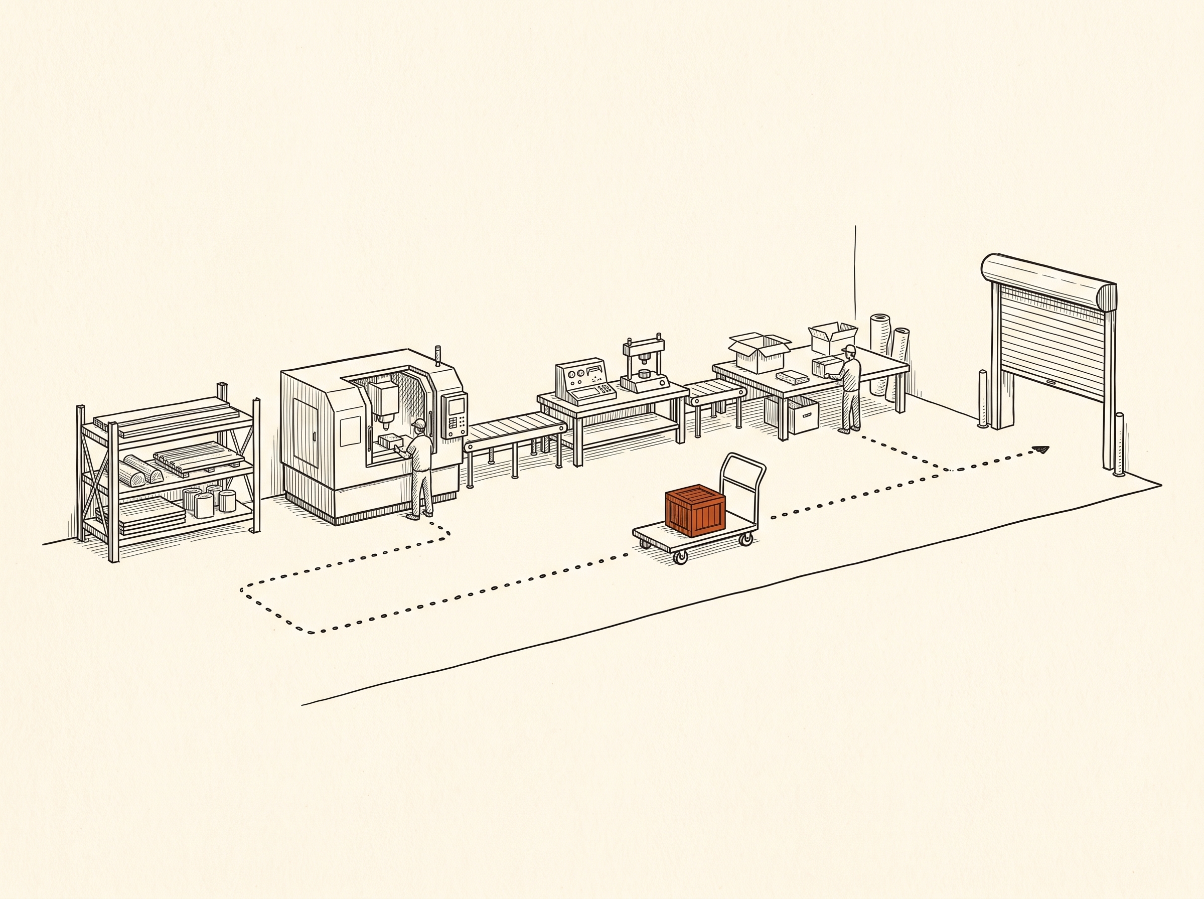 One unit of work followed from the rack, through the machine and inspection, to the dock door