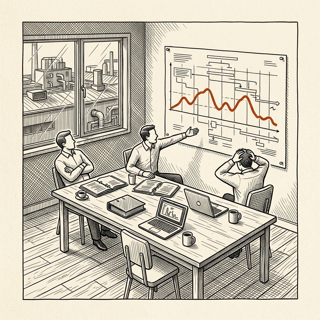 Pen-and-ink drawing of three people in a planning room disagreeing over a chart with one sliding trend line