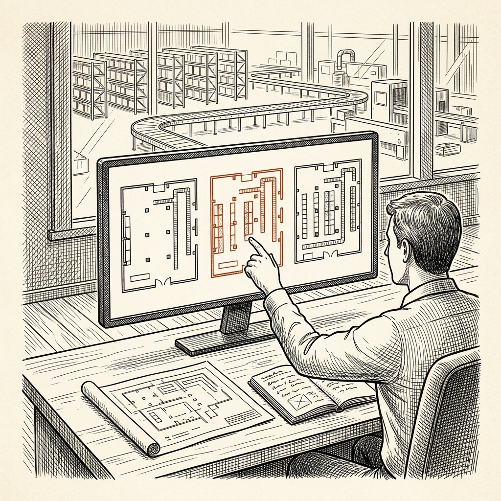 Pen-and-ink drawing of a planner at a desk comparing three facility layout options on screen, with the plant floor visible through the window