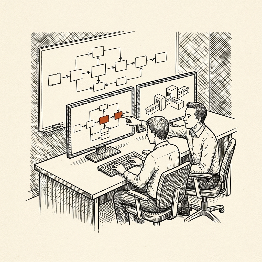 Pen-and-ink drawing of two people at one desk, one building a process model on screen while the other coaches beside them