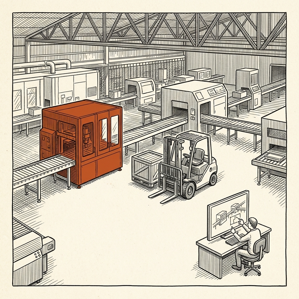 Pen-and-ink drawing of a factory floor mid-change, a new machine cell being set into the line while a planner updates the model at a control desk