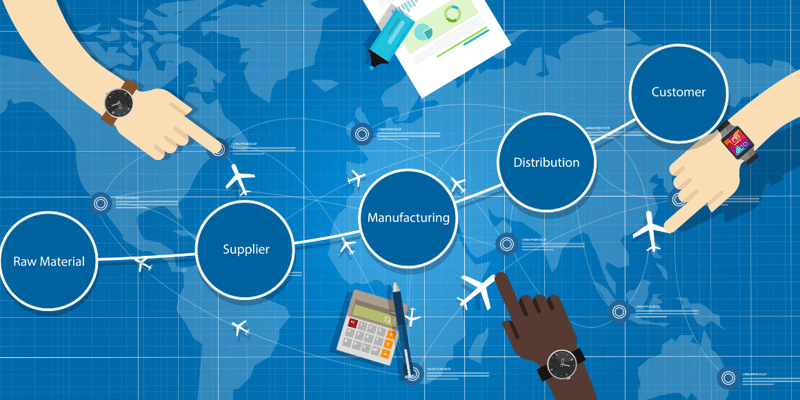 Illustration of a blue world map with steps of the distribution process