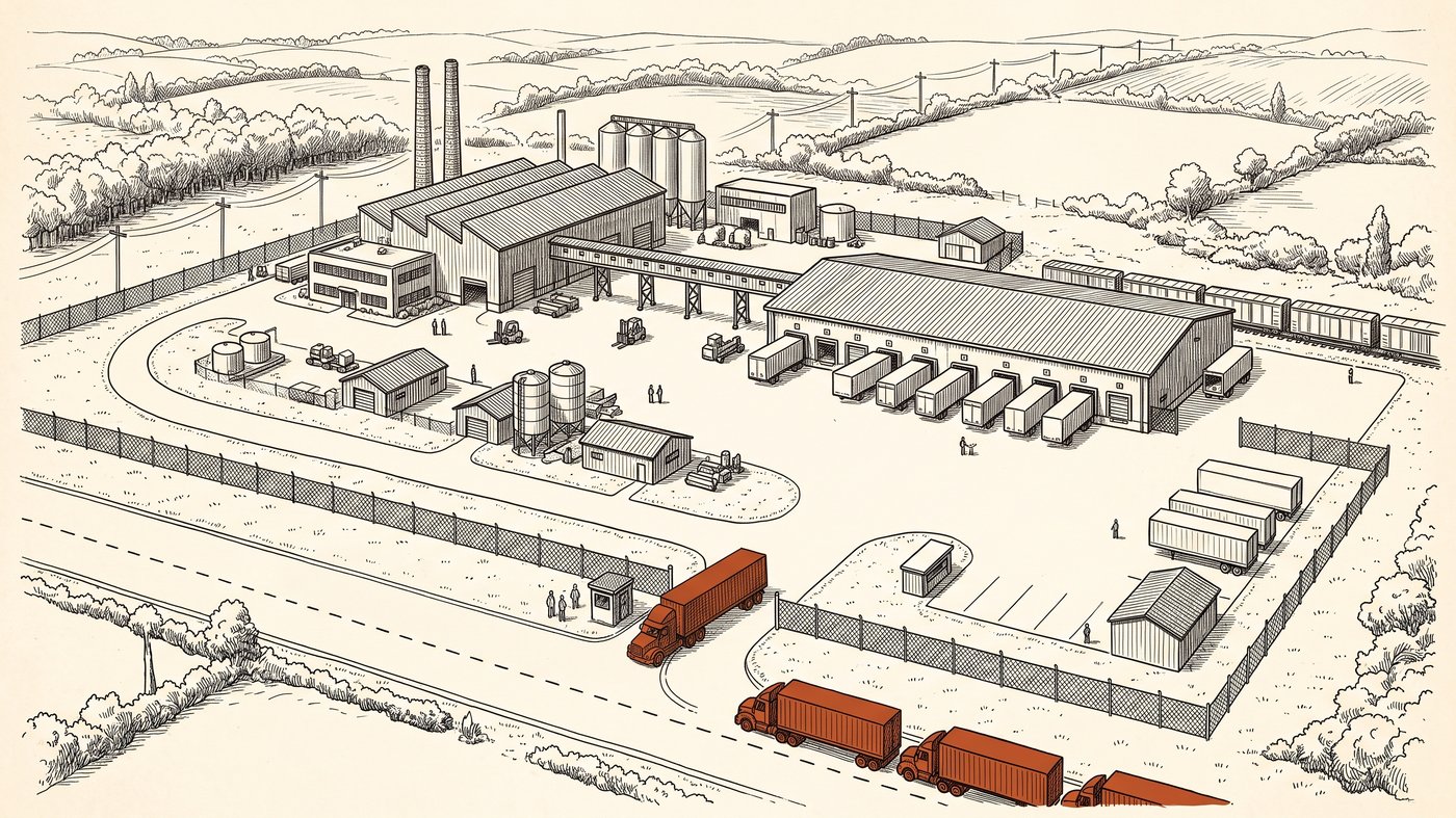 A pen-and-ink drawing of an industrial site where the main route splits into three possible paths, none chosen yet.