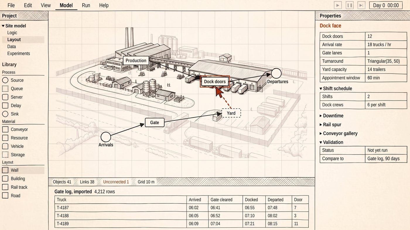 A pen-and-ink drawing of the operation below and the same operation redrawn as a model above it in orange.