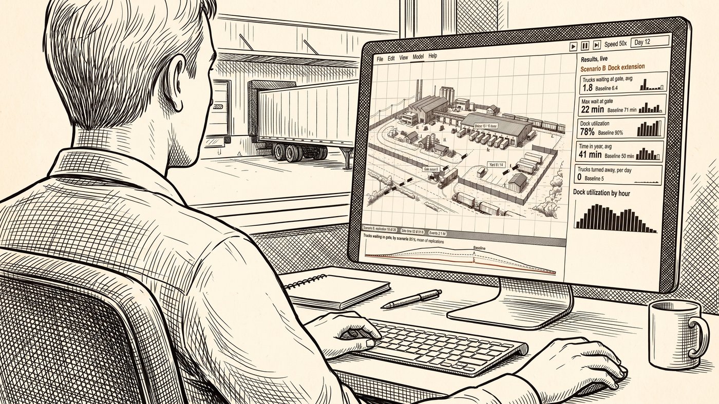 A pen-and-ink drawing of an analyst at a workstation on the floor, reading a result climbing in orange on the monitor.
