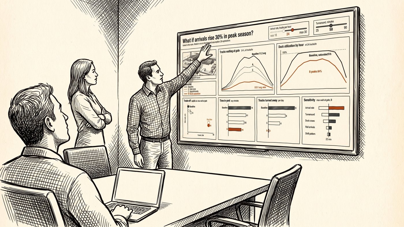 A pen-and-ink drawing of a group at a wall monitor working through a result shown in orange.