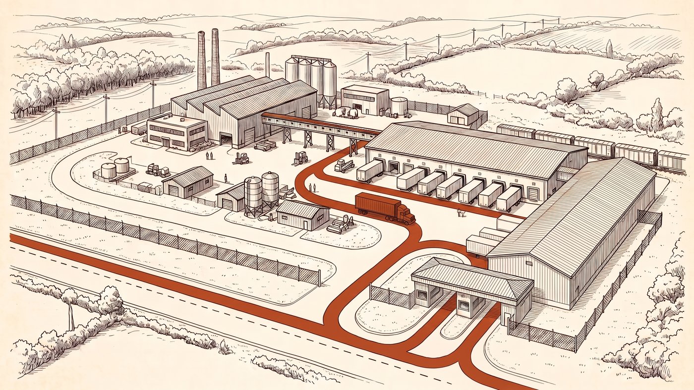 A pen-and-ink drawing of the same site as stage one, now with one route committed in orange.