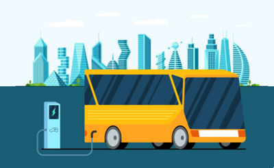 Illustration of an electric yellow bus recharging at a charging station