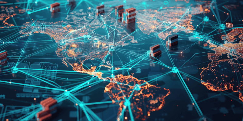 digital representation of an international supply chain with distribution centers in different continents