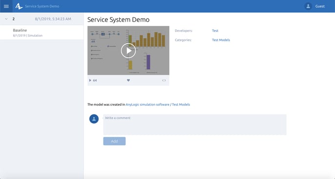 Modelo de demostración del sistema de servicio en el sitio web de AnyLogic Cloud