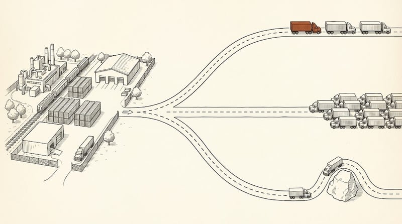 Trucks leaving a plant split across three routes: one clear, one jammed, one detouring around a boulder
