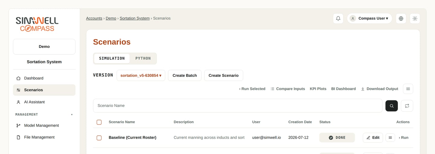 The Compass scenario workspace: a sortation model with five saved scenarios, version control, and run controls, all in the browser.