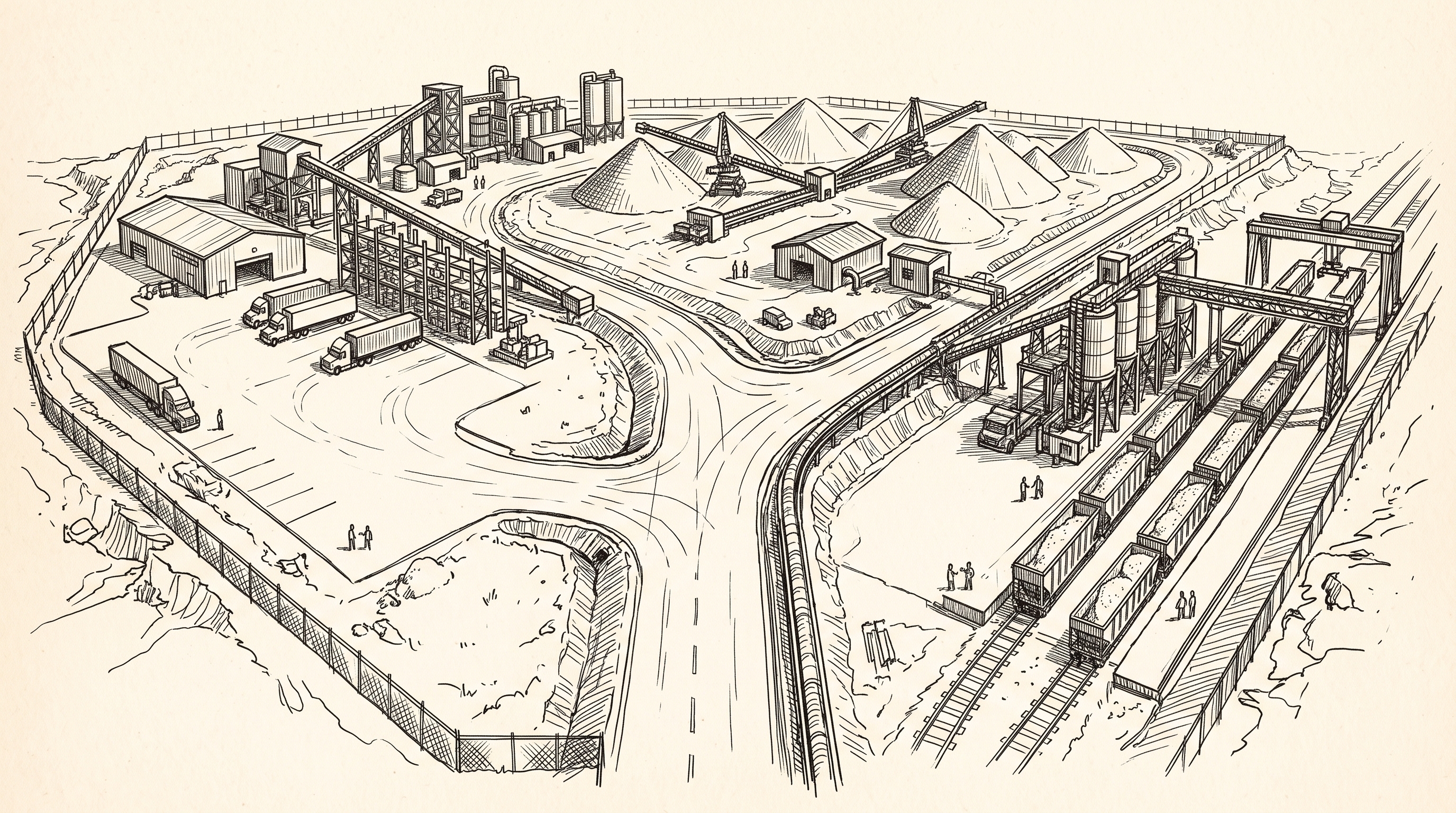 A pen-and-ink drawing of an industrial site where the main route splits into three possible paths, none chosen yet.