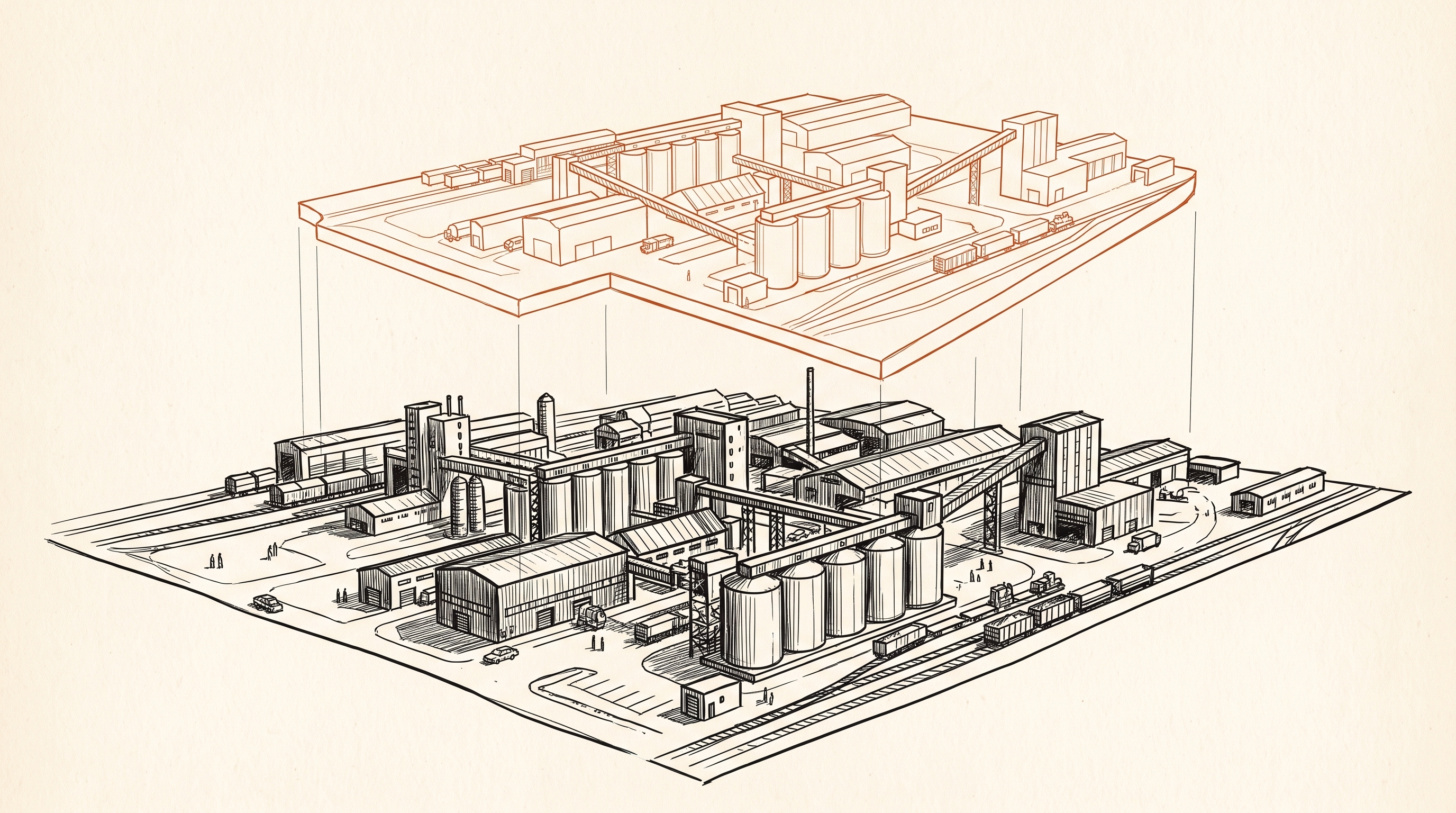 A pen-and-ink drawing of the operation below and the same operation redrawn as a model above it in orange.