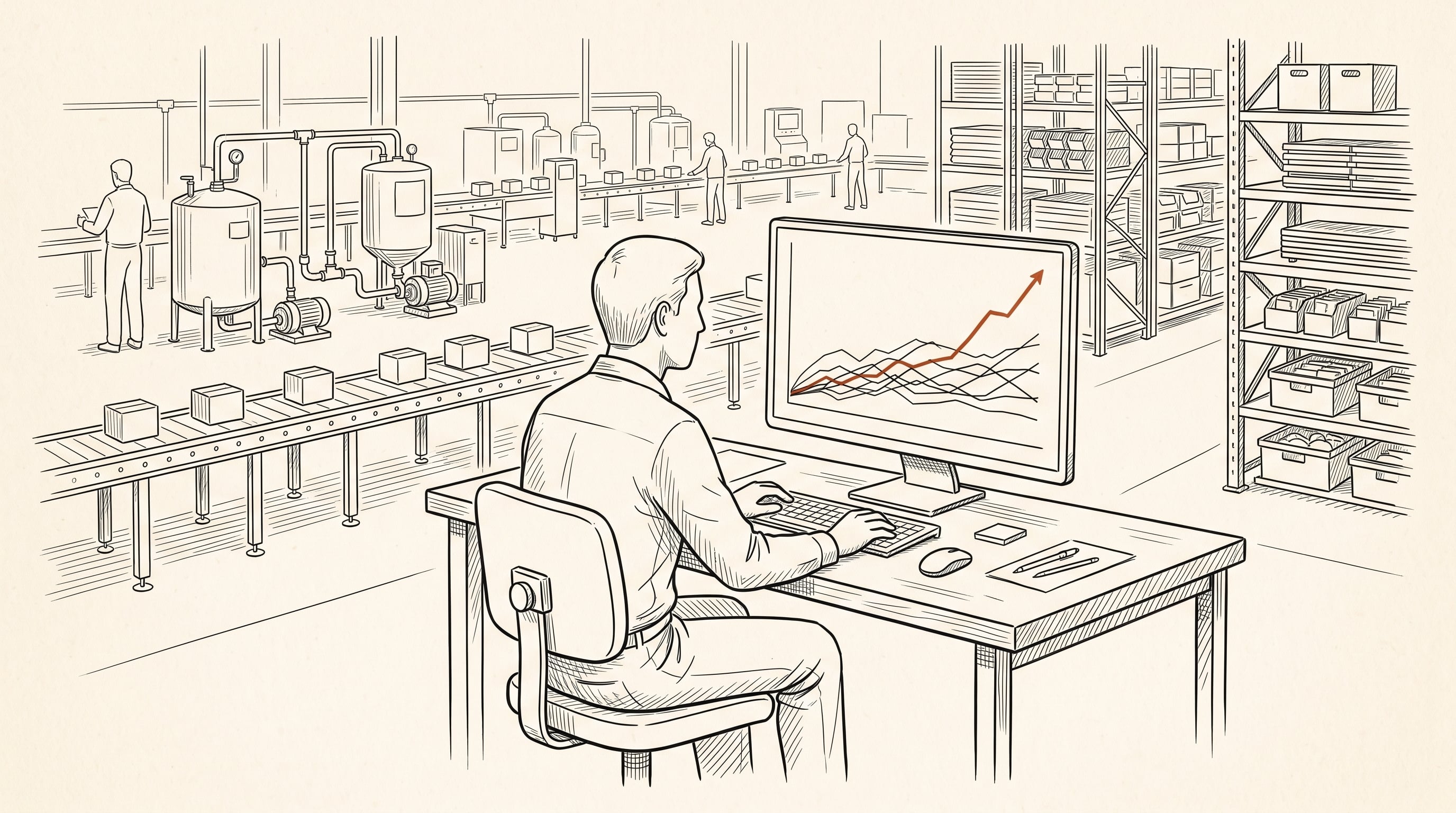 A pen-and-ink drawing of an analyst at a workstation on the floor, reading a result climbing in orange on the monitor.