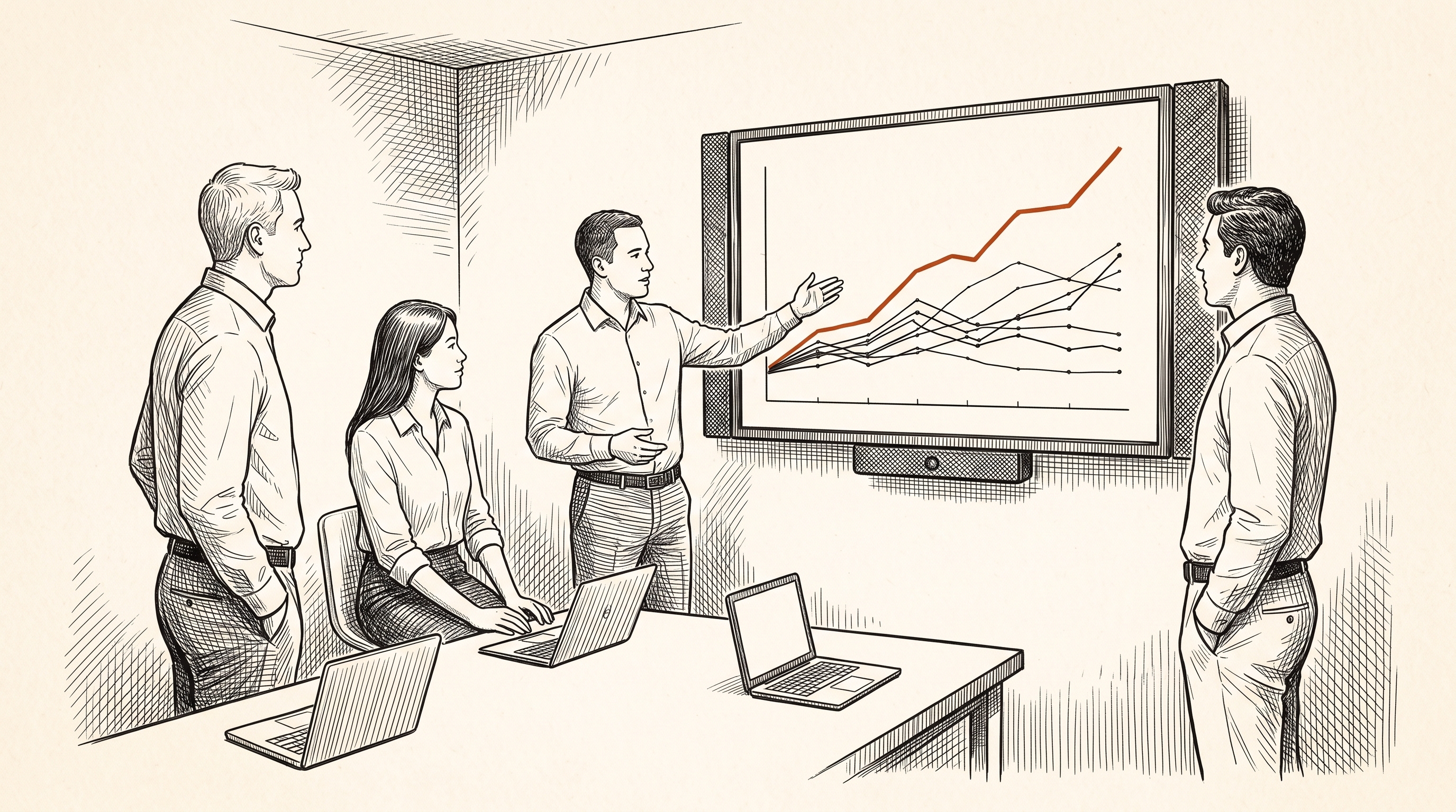 A pen-and-ink drawing of a group at a wall monitor working through a result shown in orange.