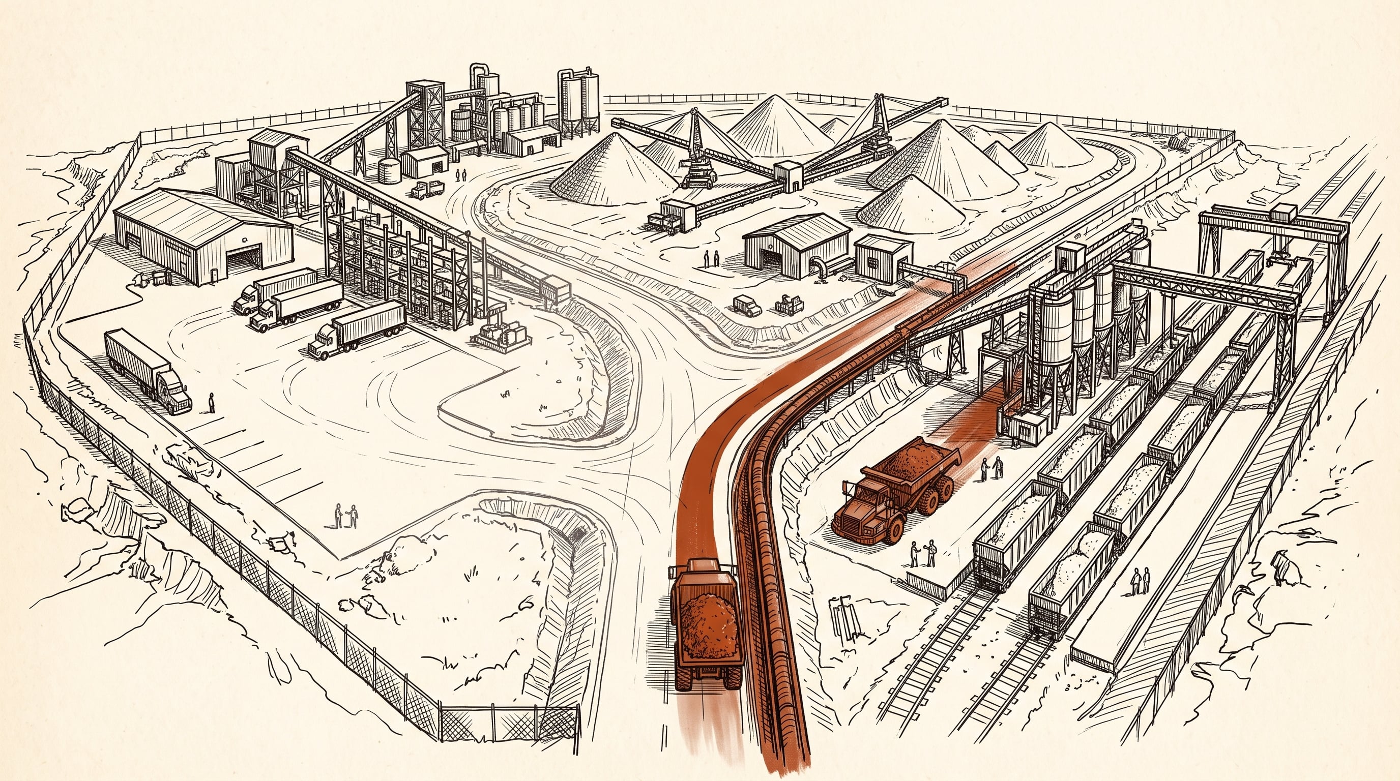 A pen-and-ink drawing of the same site as stage one, now with one route committed in orange.