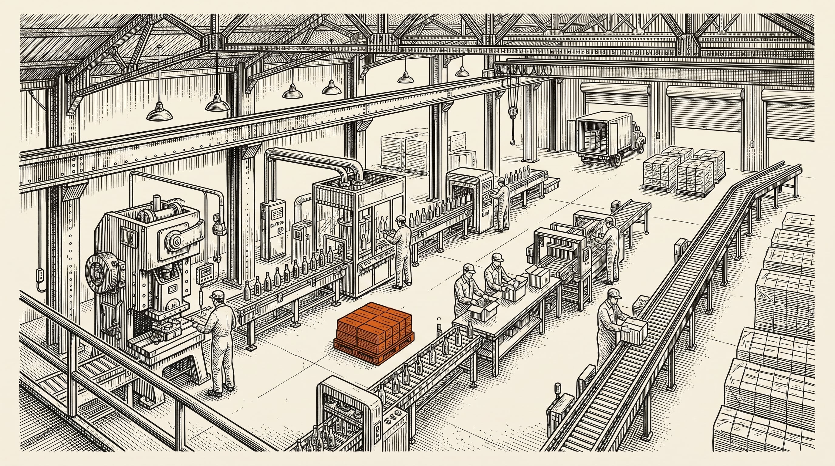 Illustration of a plant floor with several production lines, workers, and a single orange pallet of product at the changeover point